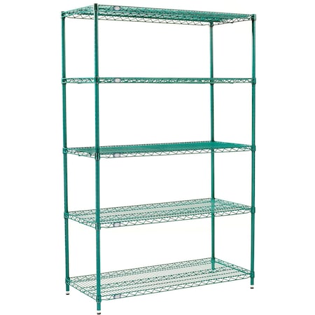 Nexel 5 Shelf, Poly-Green Wire Shelving Unit, Starter, 72inW x 12inD x 86inH B3150123